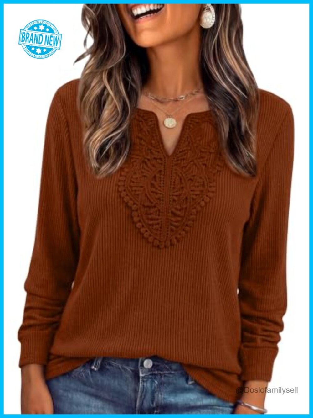 Ribbed Knit Lace Trim Long Sleeve Tunic Top Casual Fall Layering